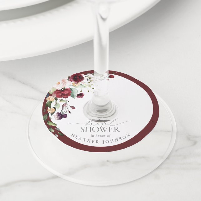 Étiquette Pour Verre De Vin Elégante Fête des mariées d'aquarelle florale bord (De près)