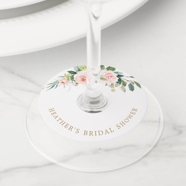 Étiquette Pour Verre De Vin Élégante Fête des mariées florale Blush (De près)