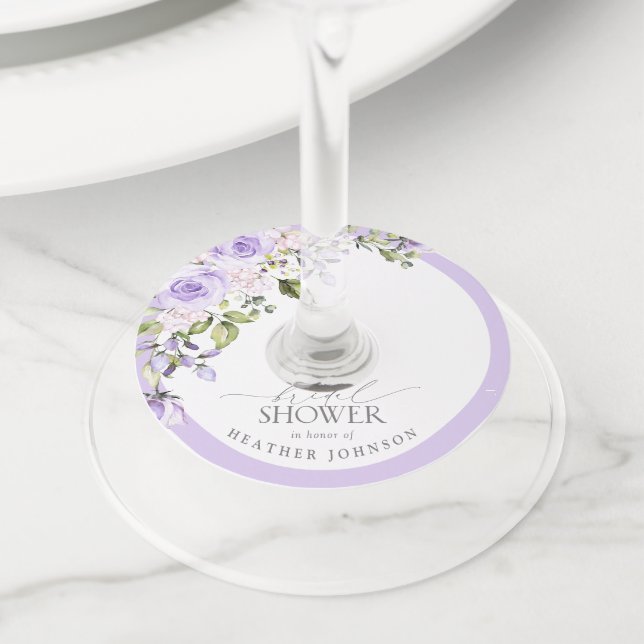 Étiquette Pour Verre De Vin Élégante Lavande Lavande Fête des mariées florale (De près)
