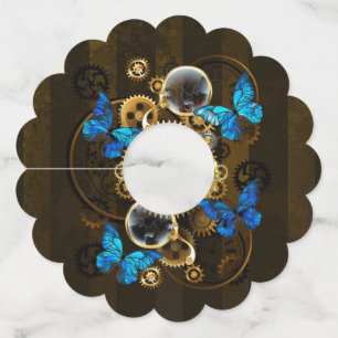 Étiquette Pour Verre De Vin Engrenages à vapeur et papillons bleus