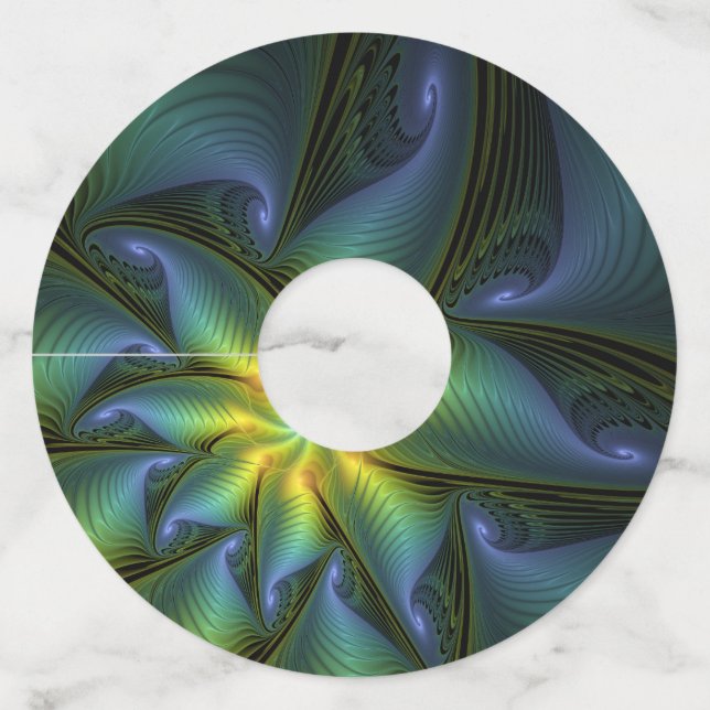 Étiquette Pour Verre De Vin Etoile Abstraite, Bleu brillant Vert Or Fractal Ar (Devant)