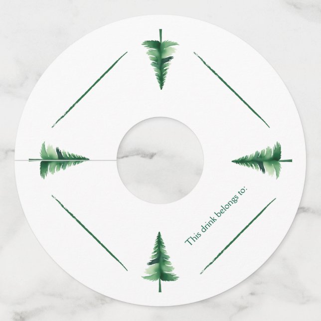 Étiquette Pour Verre De Vin Famille Noël Vert Aquarelle Pine Tree (Devant)