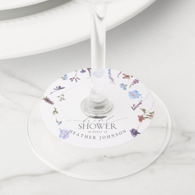 Étiquette Pour Verre De Vin Fête des mariées d'aquarelle Fleur sauvage bleu fo (De près)