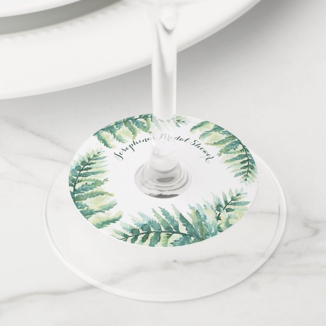 Étiquette Pour Verre De Vin Fête des mariées personnalisée Green Fern (De près)
