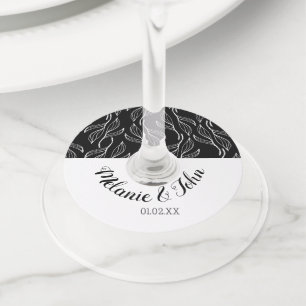 Étiquette Pour Verre De Vin Feuilles Botaniques Noir Blanc Floral - Nom du Cou
