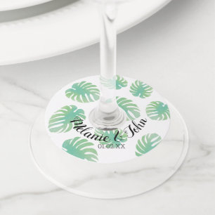 Étiquette Pour Verre De Vin Feuilles tropicales de Monstera à l'aquarelle - No