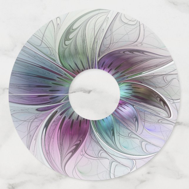 Étiquette Pour Verre De Vin Fleur Abstraite colorée Art moderne floral fractal (Devant)