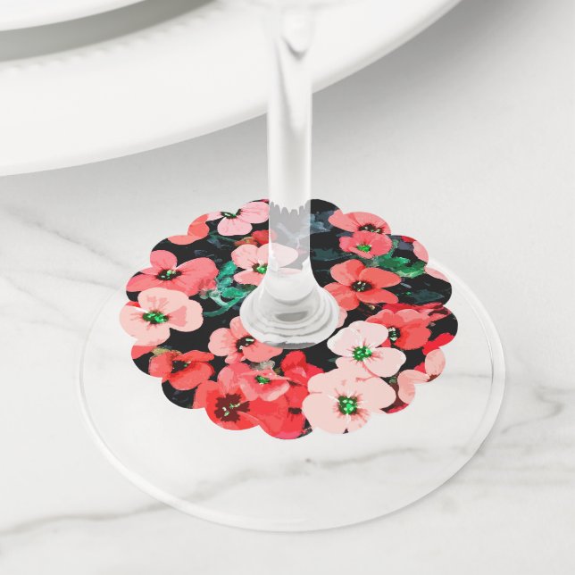 Étiquette Pour Verre De Vin Fleur rouge aquarelle (De près)