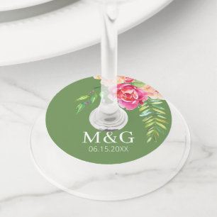 Étiquette Pour Verre De Vin Fleurs d'aquarelle peinte mariage - Rose vert