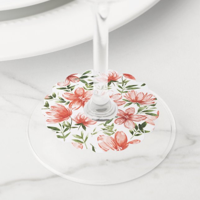 Étiquette Pour Verre De Vin Fleurs d'aquarelle rouge (De près)