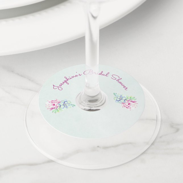 Étiquette Pour Verre De Vin Fleurs de cactus roses Fête des mariées succulente (De près)