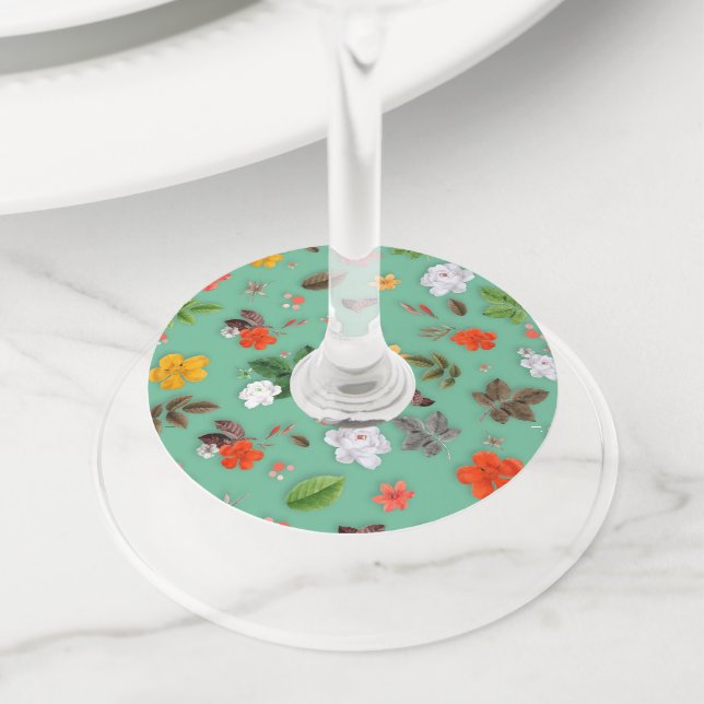 Étiquette Pour Verre De Vin Fleurs jaunes et roses blanches 14 (De près)