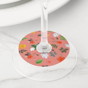 Étiquette Pour Verre De Vin Fleurs jaunes et roses blanches 19