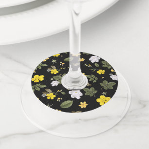 Étiquette Pour Verre De Vin Fleurs jaunes et roses blanches 2