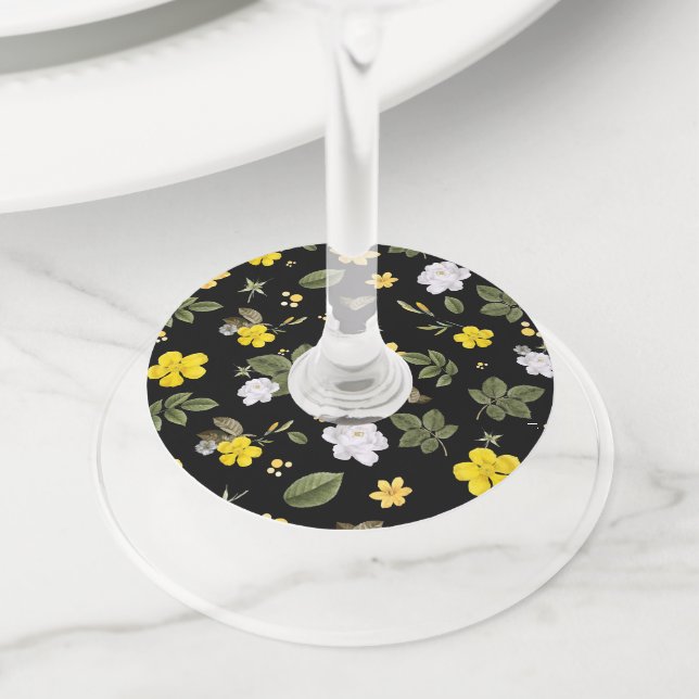 Étiquette Pour Verre De Vin Fleurs jaunes et roses blanches 2 (De près)