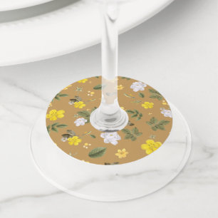 Étiquette Pour Verre De Vin Fleurs jaunes et roses blanches 4