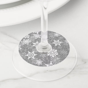 Étiquette Pour Verre De Vin Flocons de neige blancs Luxueux Gris Élégant Noël
