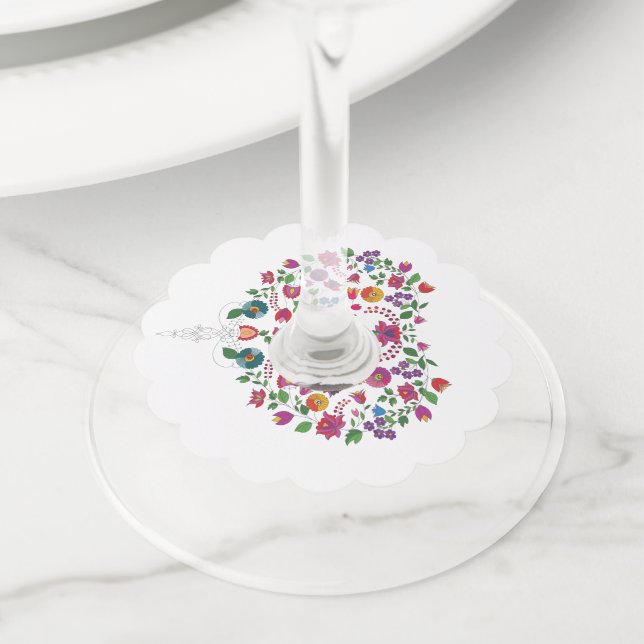 Étiquette Pour Verre De Vin Forme de cœur florale (De près)