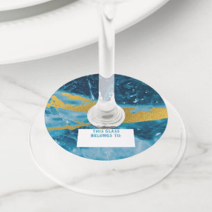 Étiquette Pour Verre De Vin Géode Agate Gemstone Blue et Gold
