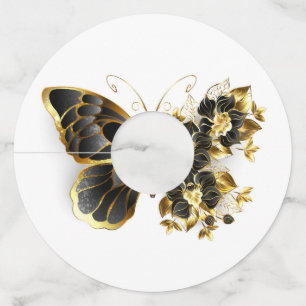 Étiquette Pour Verre De Vin Gold flower Butterfly with Black Orchid