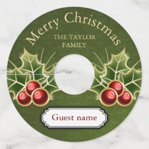 Étiquette Pour Verre De Vin Holly Berry Noël personnalisé vert Damask