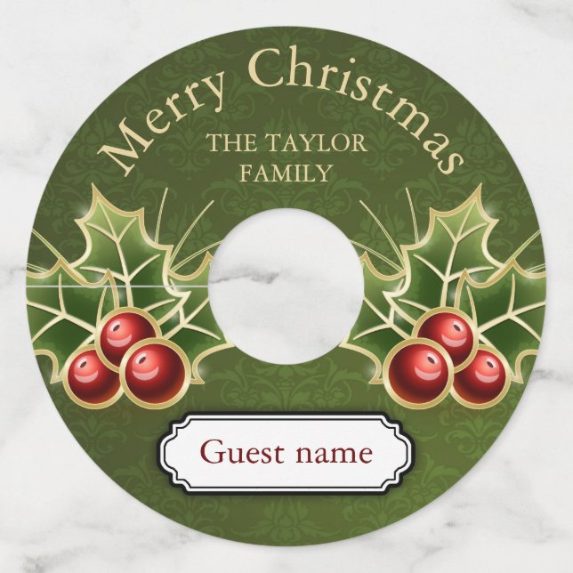Étiquette Pour Verre De Vin Holly Berry Noël personnalisé vert Damask (Devant)