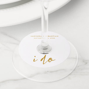 Étiquette Pour Verre De Vin Jour de mariage Élégant minimal Or simple et blanc