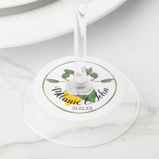 Étiquette Pour Verre De Vin Logo feuille de papier aluminium aquarelle citron  (De près)