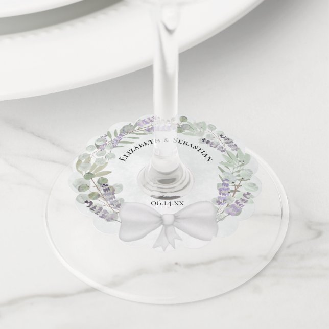 Étiquette Pour Verre De Vin Mariage Boho rustique Lavande et Eucalyptus (De près)