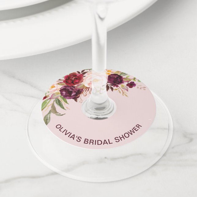 Étiquette Pour Verre De Vin Mariage Fleuris Bourgogne Rose (De près)