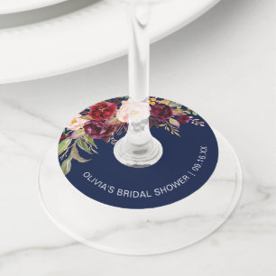 Étiquette Pour Verre De Vin Mariage Floral Burgundy Bleu Nuit Enterrement de V