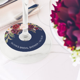 Étiquette Pour Verre De Vin Mariage Floral Burgundy Bleu Nuit Enterrement de V