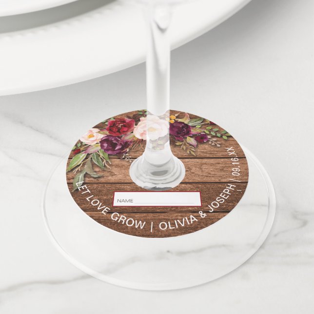 Étiquette Pour Verre De Vin Mariage Floral en Bois Rustique Bourgogne (De près)