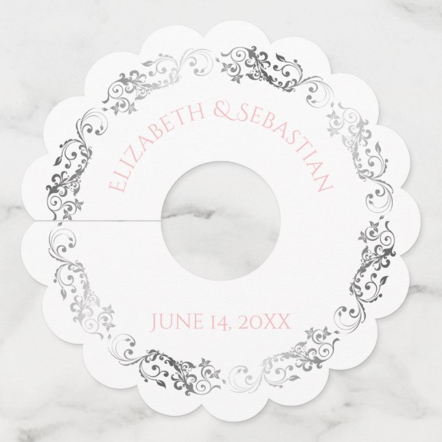 Étiquette Pour Verre De Vin Mariage frontalier en argent rose et gris Vingage (Dos)