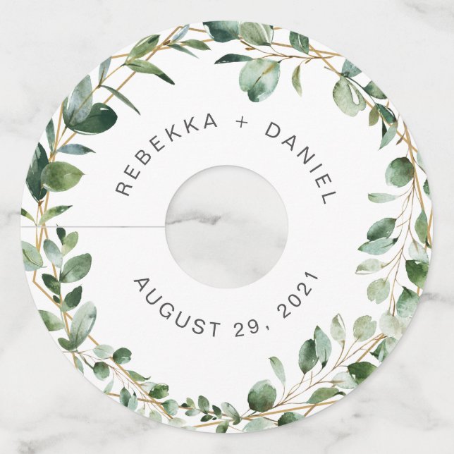 Étiquette Pour Verre De Vin Mariage personnalisé Eucalyptus Géométrique Verdur (Devant)
