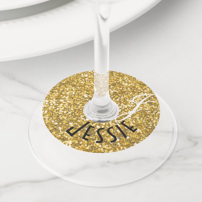 Étiquette Pour Verre De Vin Monogramme pailleté or (De près)