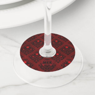 Étiquette Pour Verre De Vin Motif damassé de rose gothique rouge vintage pour