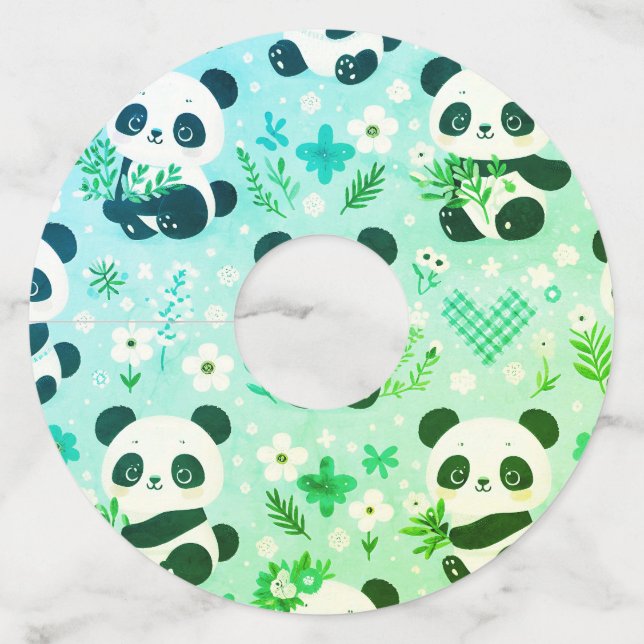 Étiquette Pour Verre De Vin Motif Ours Panda Imprimé Vert (Devant)