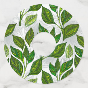 Étiquette Pour Verre De Vin Motif sans couture avec Feuilles de thé vert