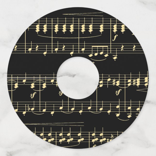 Étiquette Pour Verre De Vin Musique d'or en noir (Devant)