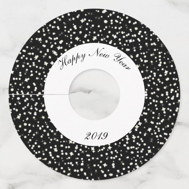 Étiquette Pour Verre De Vin Nouvel An Confetti Party Étoiles Noir Blanc (Devant)