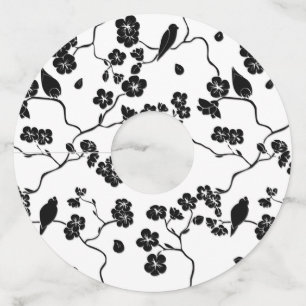Étiquette Pour Verre De Vin Oiseaux Motifs noirs et blancs sur les fleurs de c