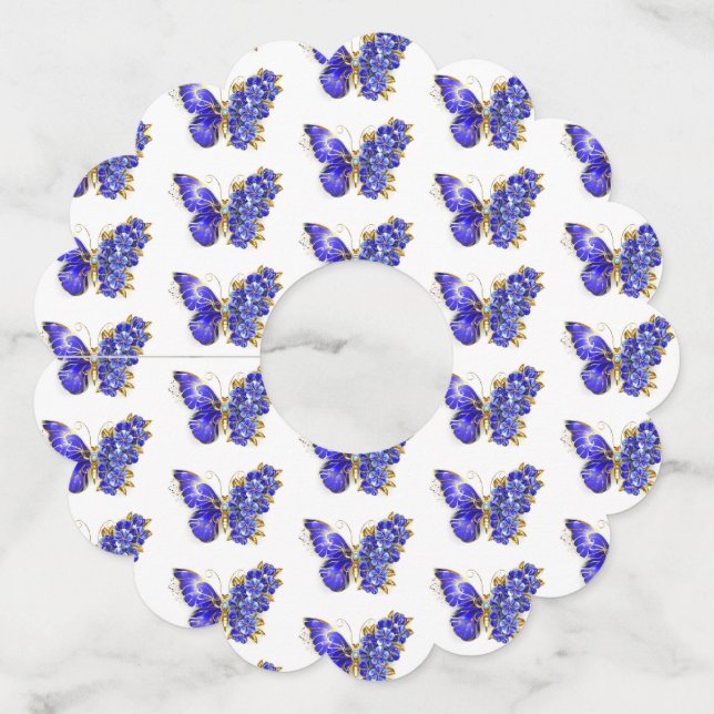 Étiquette Pour Verre De Vin Papillon saphir à fleurs (Devant)