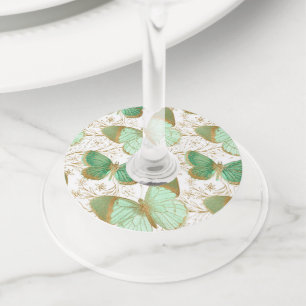 Étiquette Pour Verre De Vin Papillon vert Fleur florale blanche