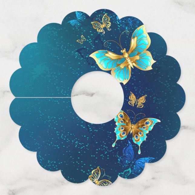 Étiquette Pour Verre De Vin Papillons d'or sur un Arrière - plan bleu (Devant)