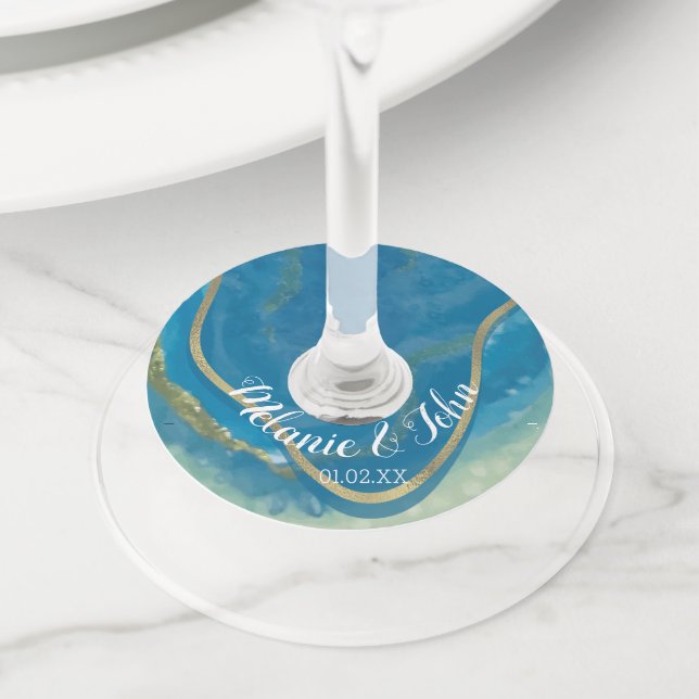 Étiquette Pour Verre De Vin Pierre d'agate aquarelle en feuille métallique - N (De près)