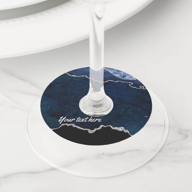 Étiquette Pour Verre De Vin Pierre précieuse Agate Navy et argent (De près)