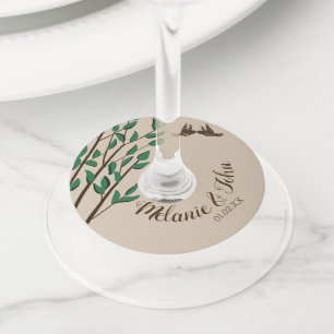 Étiquette Pour Verre De Vin Romantique Rustique Arbre Oiseaux Verdure Nom des