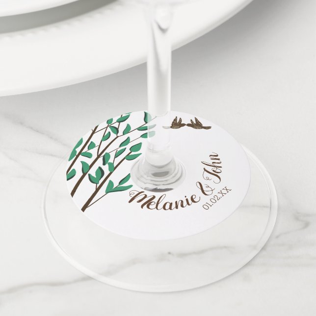 Étiquette Pour Verre De Vin Romantique Rustique Arbre Oiseaux Verdure Nom des  (De près)