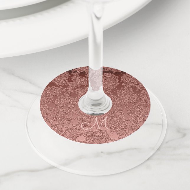 Étiquette Pour Verre De Vin Rose Gold Elegant Mariage Réception Monogramme (De près)